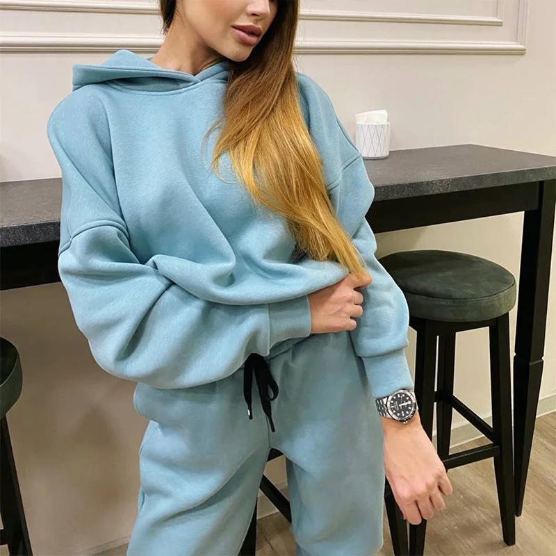 

Mini Pullover High waist Trousers Women Suit 2021 Hooded Lace Up Loose Casual Two Piece Set Female Autumn Winter Lady Tracksuit