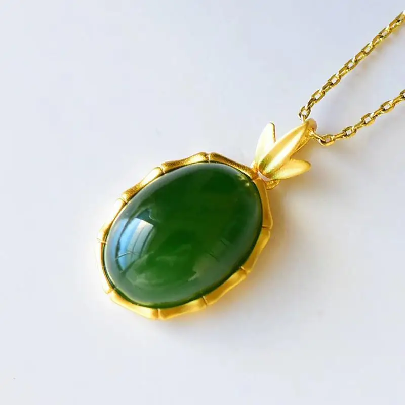

Natural Hetian Jade Pendant Female S925 Silver Bamboo Inlaid Classic Egg Surface Carved Gilding Inlaid Lace