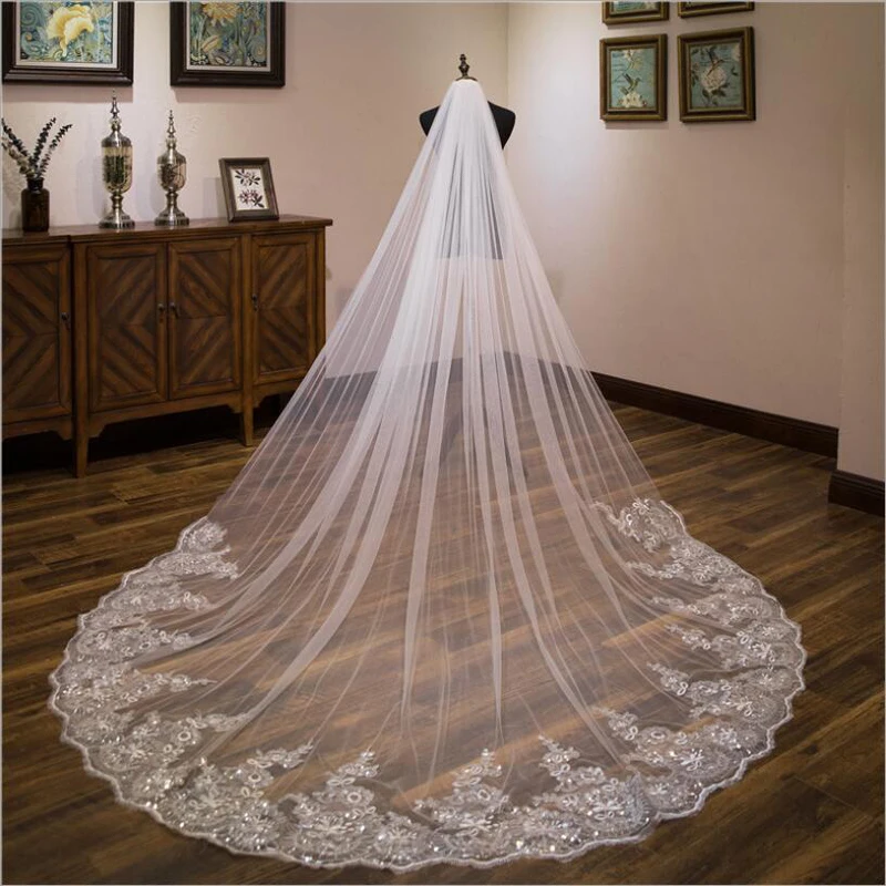 

2023 New Mariage 3M One Layer Lace Edge White Ivory Cathedral Wedding Veil Long Bridal Veil New Wedding Accessories Veu De Noiva