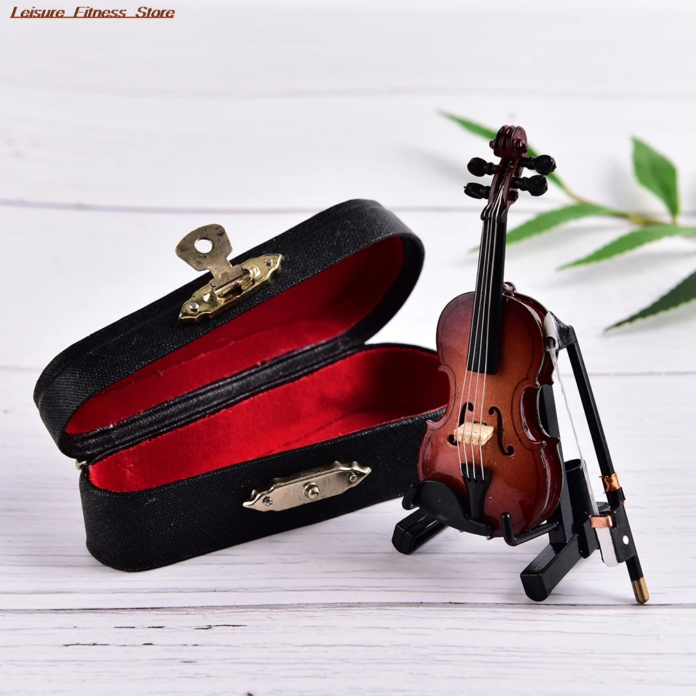 

8cm Wooden Musical Instruments Collection Decorative Ornaments Model Decoration Gifts Hot Mini Violin With Support Miniature