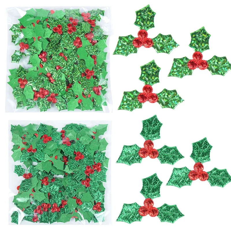 100pcs 3.5cm Christmas Ornament Green Holly Leaves Red Berries Silk Leaf For Home Xmas New Year Party Decor Plants DIY Gift Box
