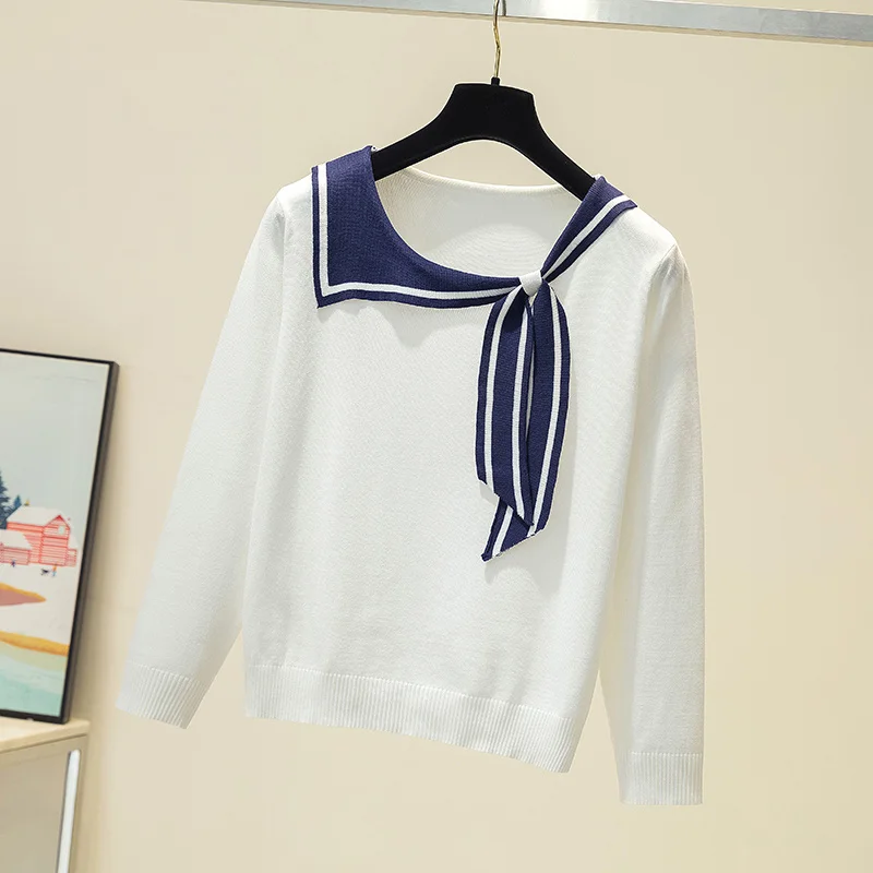 Женский белый свитер в стиле преппи с длинным рукавом вязаный галстук-бабочка