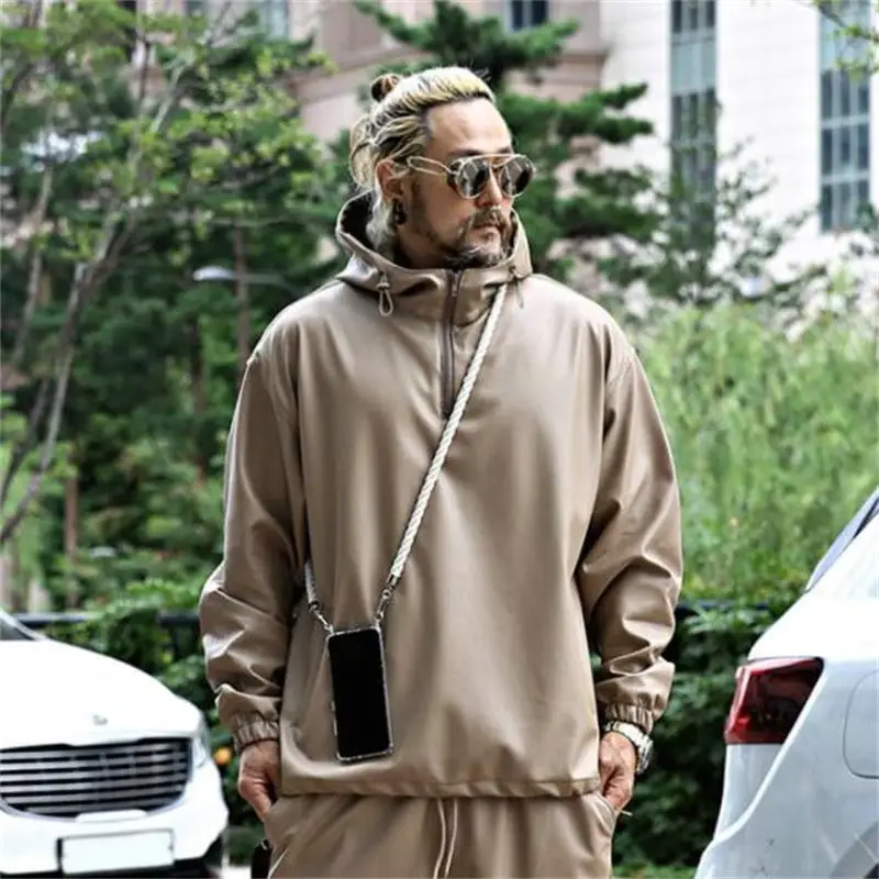

Men's Hooded Casual Sweater Korea Fashion Brand New Personalized Pu Bright Leather Solid Color Loose Pullover Sports Sweater