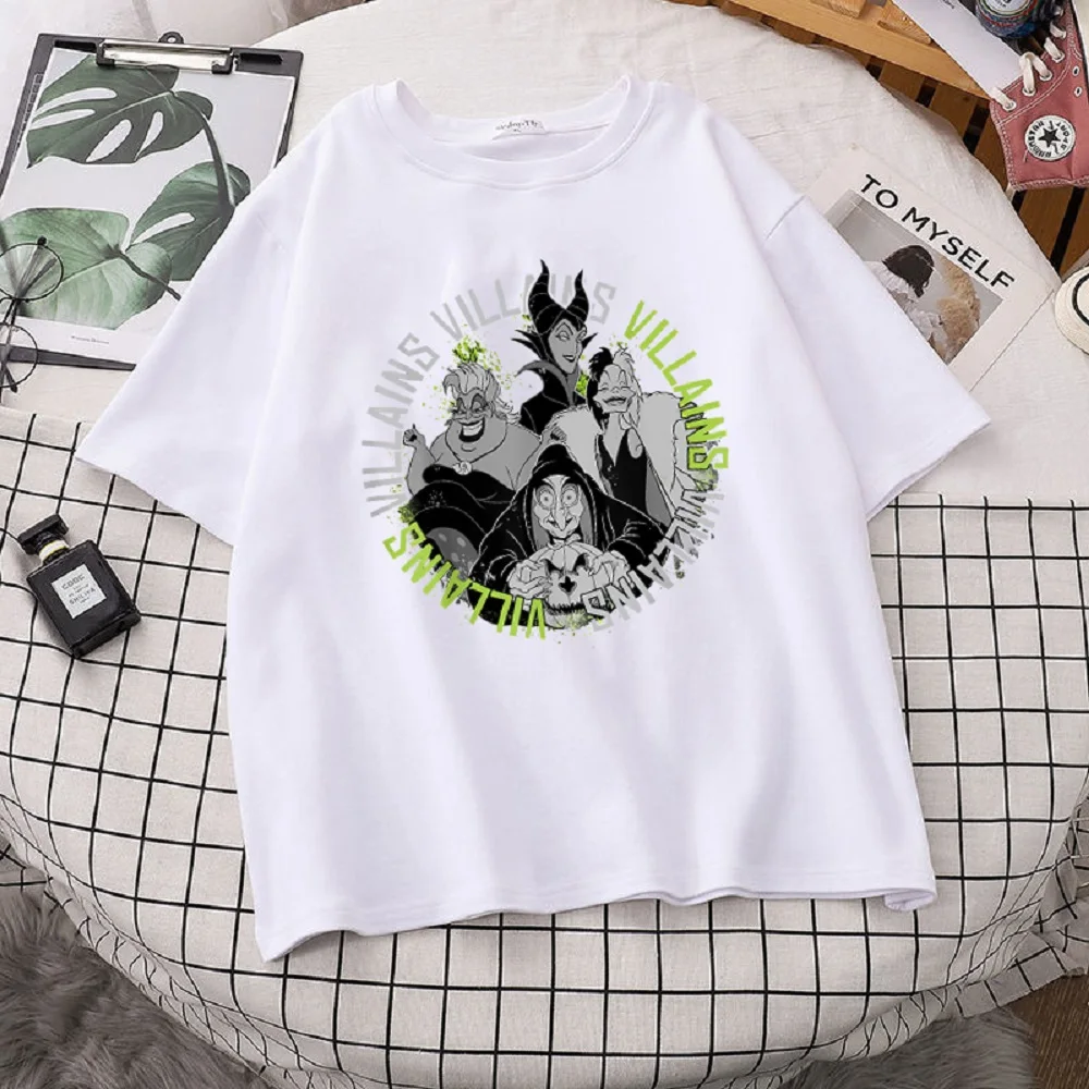 

Disney Witch Villain Queen Cartoon Print Cotton T-shirt Fashion Letter Anime Top Ladies Oversized Harajuku Short Sleeve
