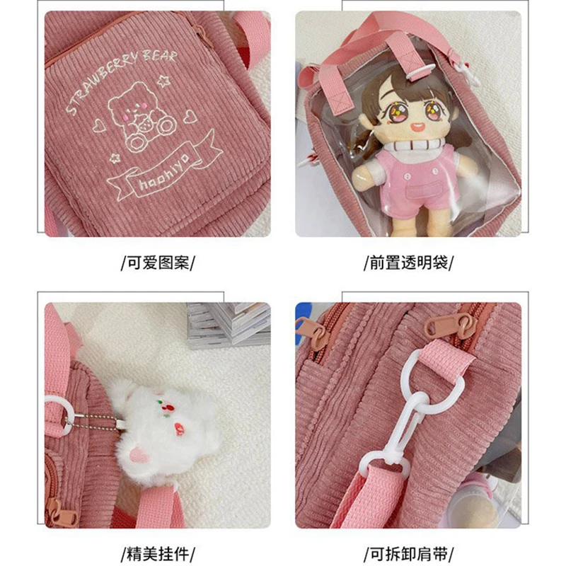 Corduroy Crossbody Bag Women Embroidery Bear Transparent Cute Messenger Bags Japanese Style Solid Casual Handbags Female WY395