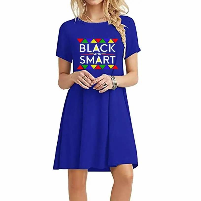 

Women Dress Black And Smart Letters Women's Summer Casual T-shirt Dress Short Sleeve Bohemian Beach Dress