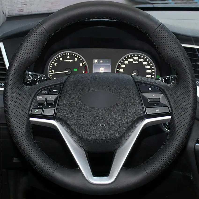 Для Hyundai Tucson 2015 2019 чехол рулевого колеса автомобиля черная кожаная ручная работа