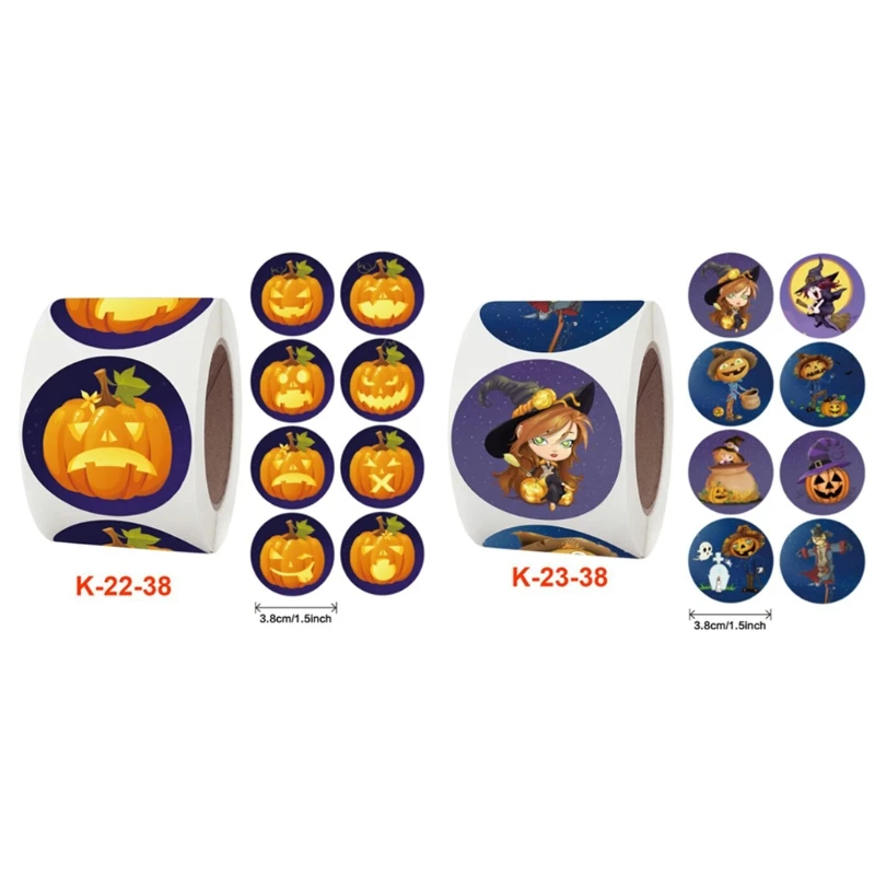 

500 Pcs Halloween Round Kraft Pumpkin Scarecrow Witch Label Stickers Decor Craft N0PA