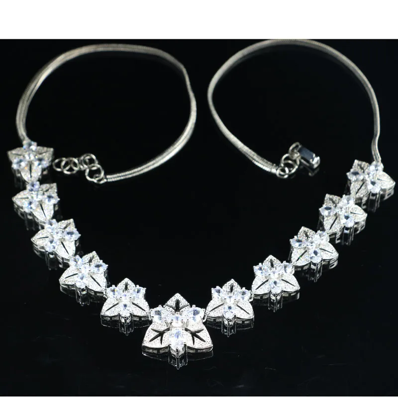 

21x21mm Olive Leaf Created White Bright Cubic Zircon Wedding Bride Fine Jewelry Silver Necklace 19.5-20.5inch
