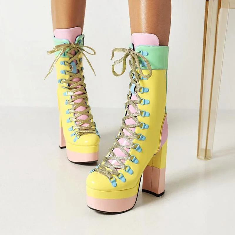 FXYCMMCQ Winter Women's 13cm Super High Heel Catwalk Style Nightclub Color Matching Sexy Lace-up Boots 1016