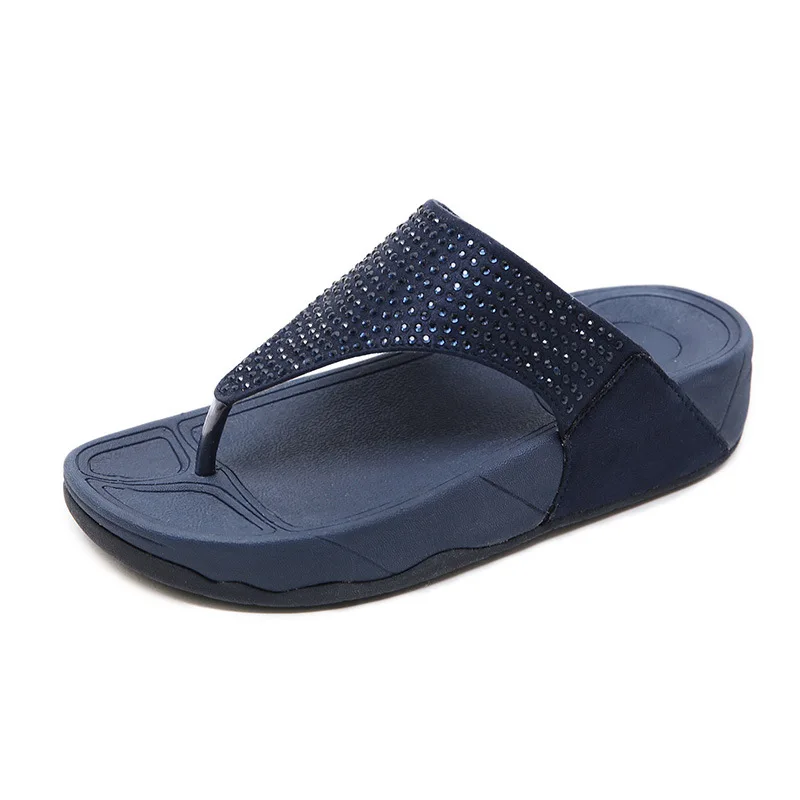 

2021 Summer new women's Sandals comfortable breathable wedge with thick bottom versatile mesh rhinestone Large Size slippers