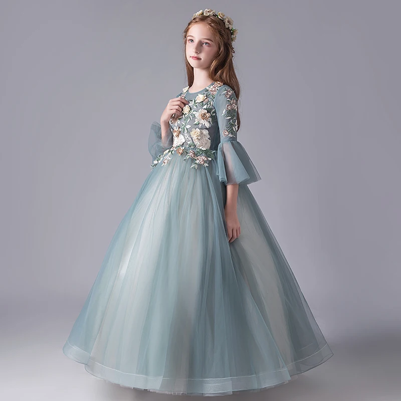 

Flower Girl Dress Princess Appliques Pearls Floor-Length Full Embroidery Green Lace Tulle Ball Gown O-Neck Kids Party Skirt H129