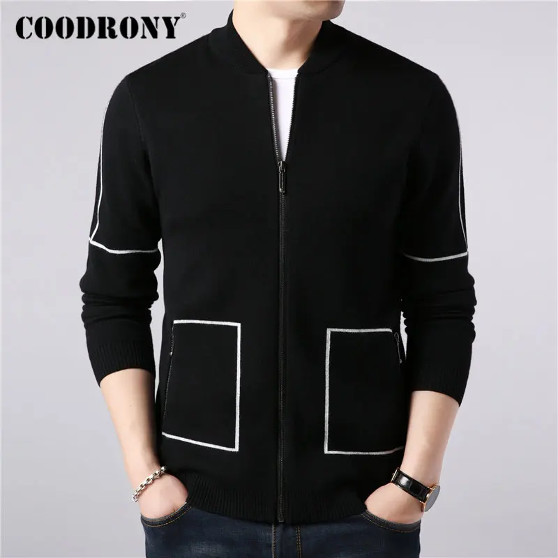 Мужской теплый шерстяной кардиган в полоску на молнии с карманами | Мужская