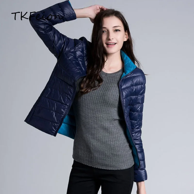Women Down Jackets Super Light Thin Style 2019 Fall Autumn Winter Female Slim Short Coats Stand Collar Fashion Double-sided Wear | Женская