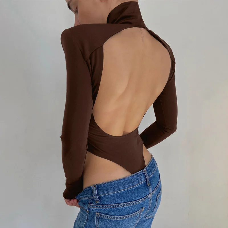 Cryptographic Sexy Backless Bodysuits Turtleneck Elegant Club Party Women's Tops One Piece Outfit High Waist Bodysuit Rompers