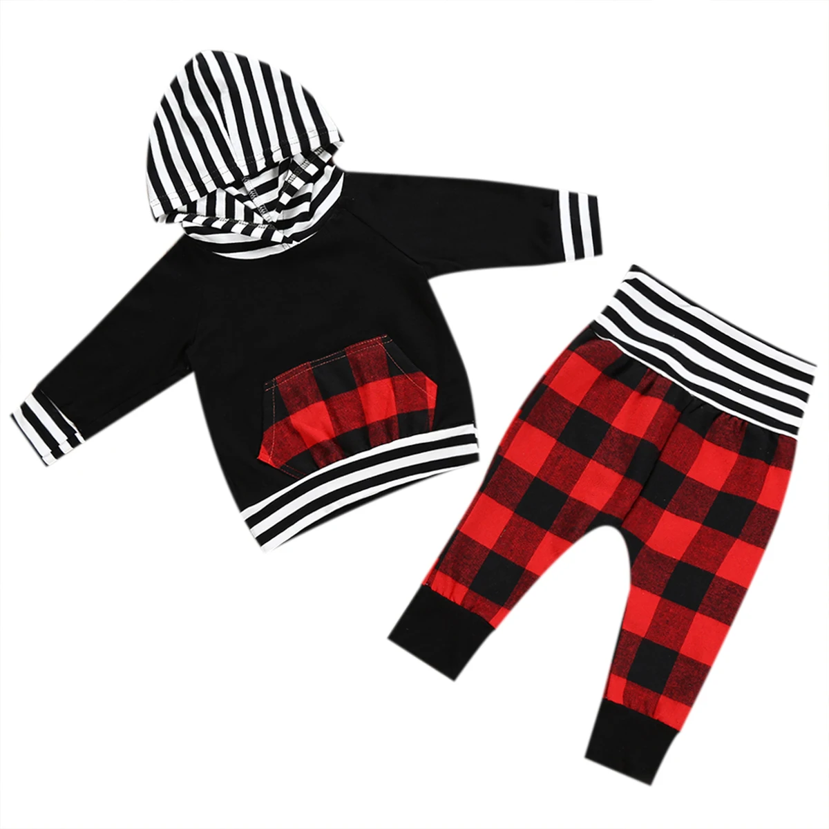 Christmas Clothes set for Baby Boys Girls Newborn Xmas Clothing Set Striped Pocket Hoodie Tops+ Plaid Pants Outfits Set Clothes