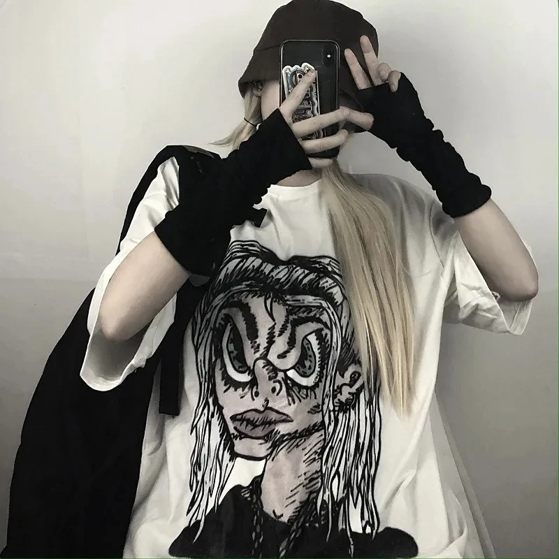 

Summer short-sleeve female student loose retro Harajuku t-shirt clothes oversize women's t-shirt vintage Cartoon portrait print