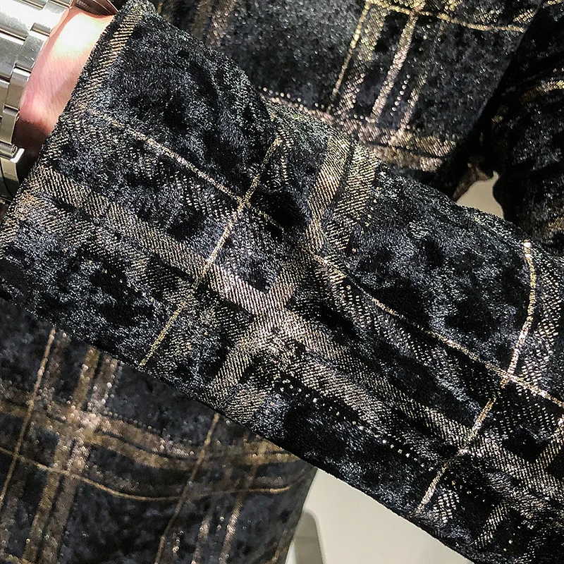 

Golden Plaid Luxury Velvet Men T-shirt Turtleneck Tops Casual Slim Fit Vintage T Shirts Long Sleeve Streetwear Tees Men Clothing