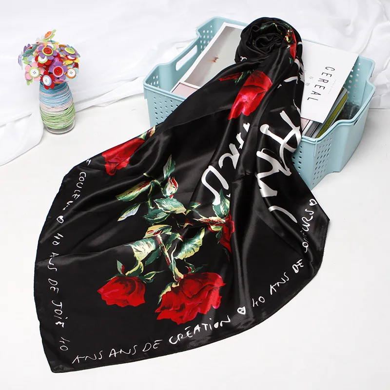 Женский платок для волос Шелковый сатиновый хиджаб с принтом листьев 90х90 см