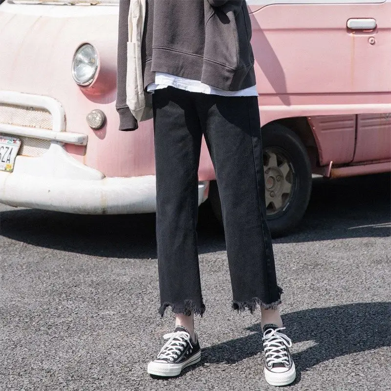

Spring new high waisted jeans women loose Korean students retro SLIM STRAIGHT pants wide leg quarter pants fashion