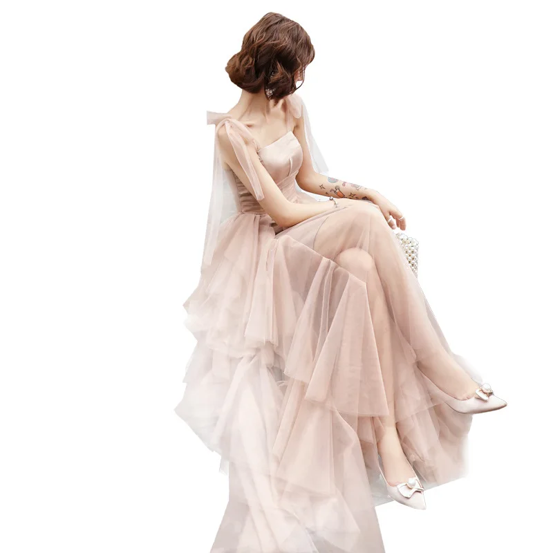 

Blush Pink Prom Dresses Long Tulle Sweep Train Sleeveless Evening Gown A-line Tiered Vestido De