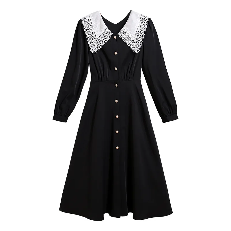 

Niche design sense long-sleeved dress 2021 early autumn new temperament lapel fashion women in the long small black dress