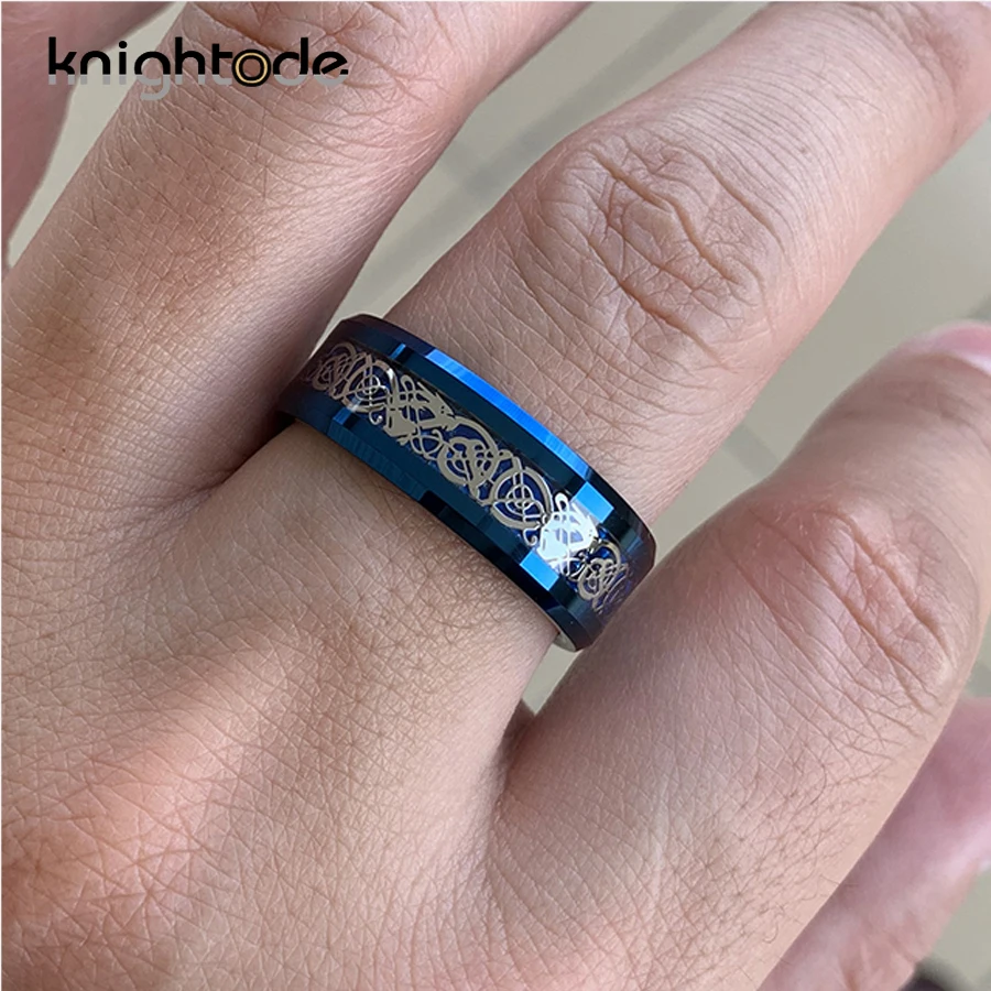 Обручальное кольцо из голубого карбида вольфрама 8 мм с серебристым