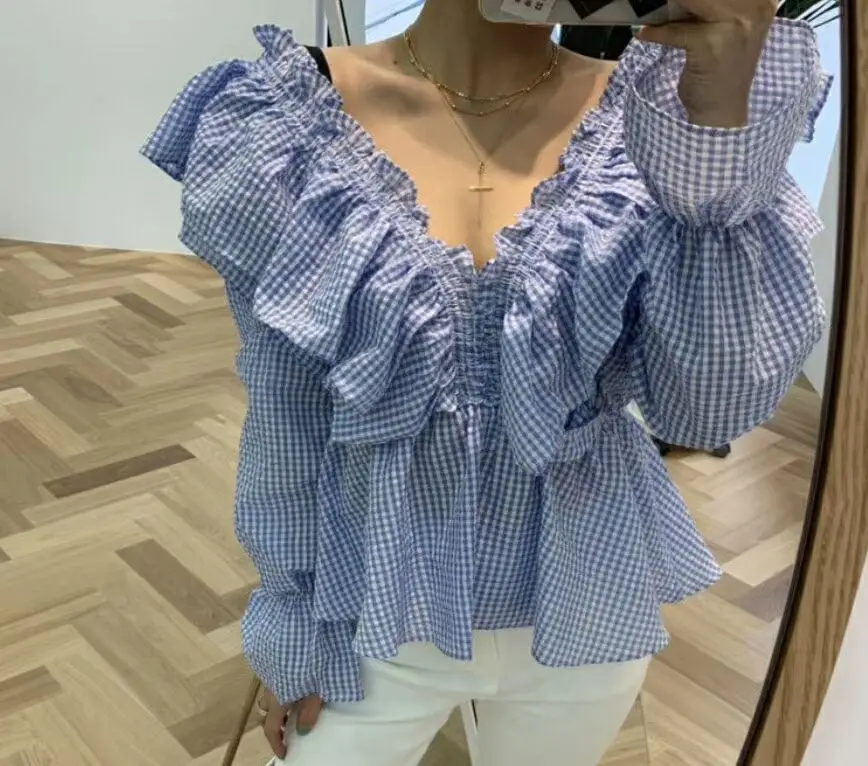 WHITNEY WANG Blouses 2020 Spring Fashion Streetwear Sweet Ruffles Plaid Blouse Women Blusas Lady Shirt Top | Женская одежда