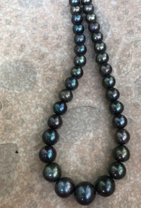 ?? 見事な10-15ミリメートル淡水ラウンド黒緑の真珠のネックレス18インチ925シルバー