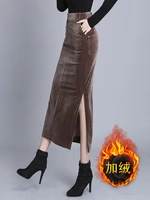 free shipping 2022 vintage corduroy side slit slim hip pencil skirt women stretch straight plus size s 3xl skirt long mid calf