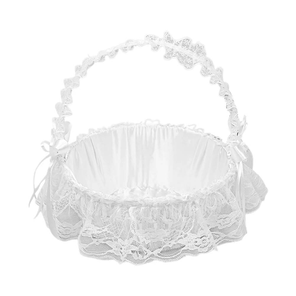

Bamboo Woven Wedding Flower Basket Lace Basket Elegant Flower Girl Basket Portable Wedding Ceremony Supplies (Round Size)