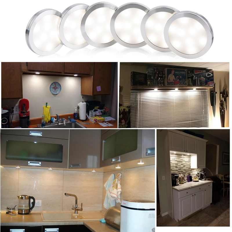 AIBOO LED Linkable Under Cabinet Lighting Dimmable 6/10/12 Puck Lights with Wireless RF Remote Control Hardwired& Wall Plug in