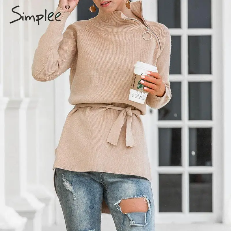 Simplee элегантный галстук-бабочка водолазка свитер для женщин молния шеи осень