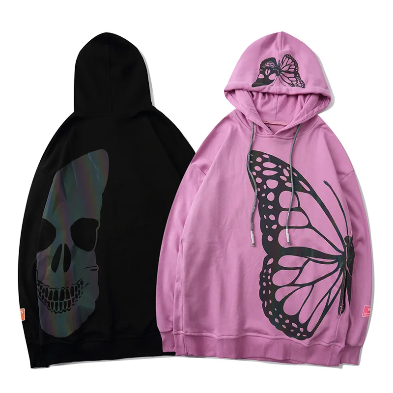 

Laser Colorful Butterfly Skull Reflective Fashion Printing Hoodie Men and Women National Trends Couple's Coat Sweatshirt