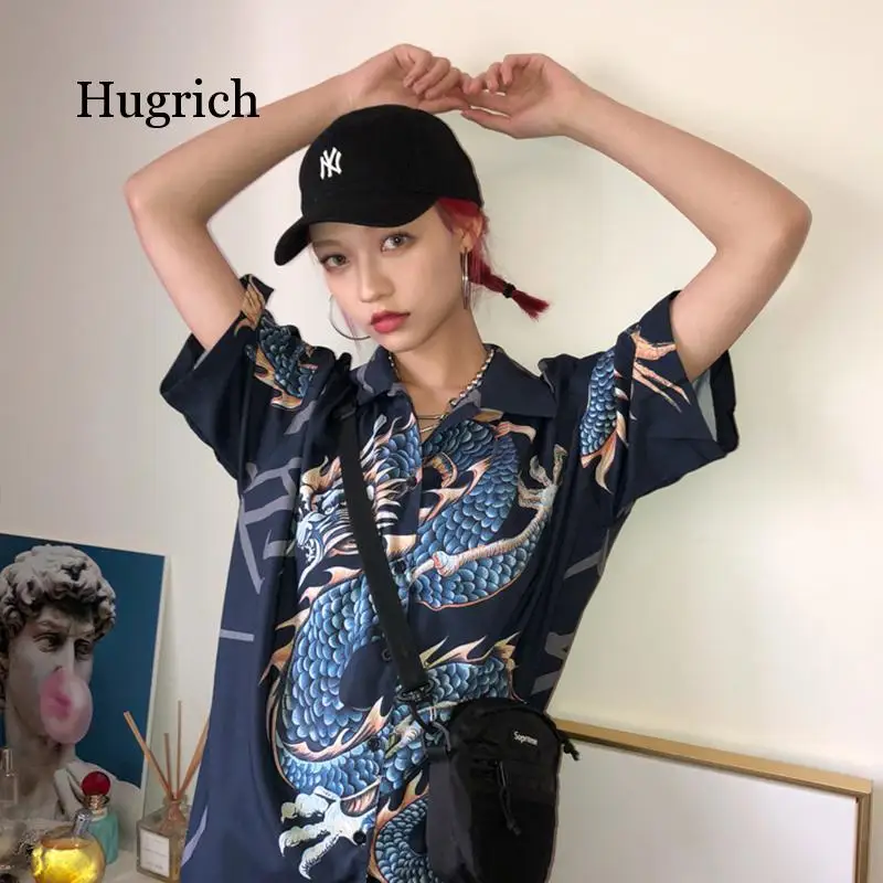 

2020 Summer Spring Women Blouses BF Stylle Oversize Shirts Harajuku Tops Dragon Print Short Sleeve Shirts Female Streetwear