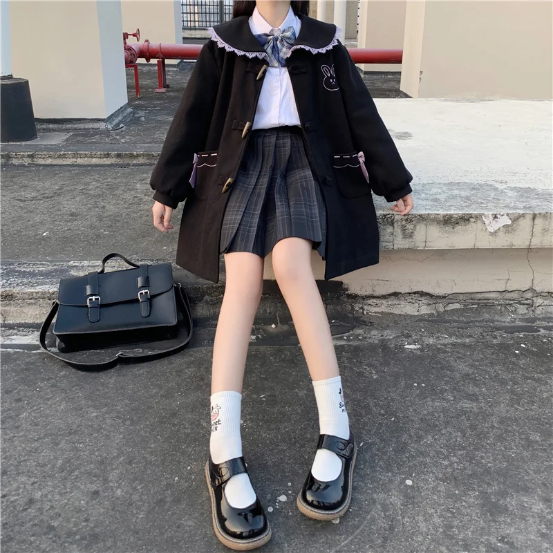 

Lolita Winter Outweare Preppy Style Cute Girl Peter Pan Collar Thicken Woolen Coats Women Long Sleeve Horn Button Kawaii Jacket