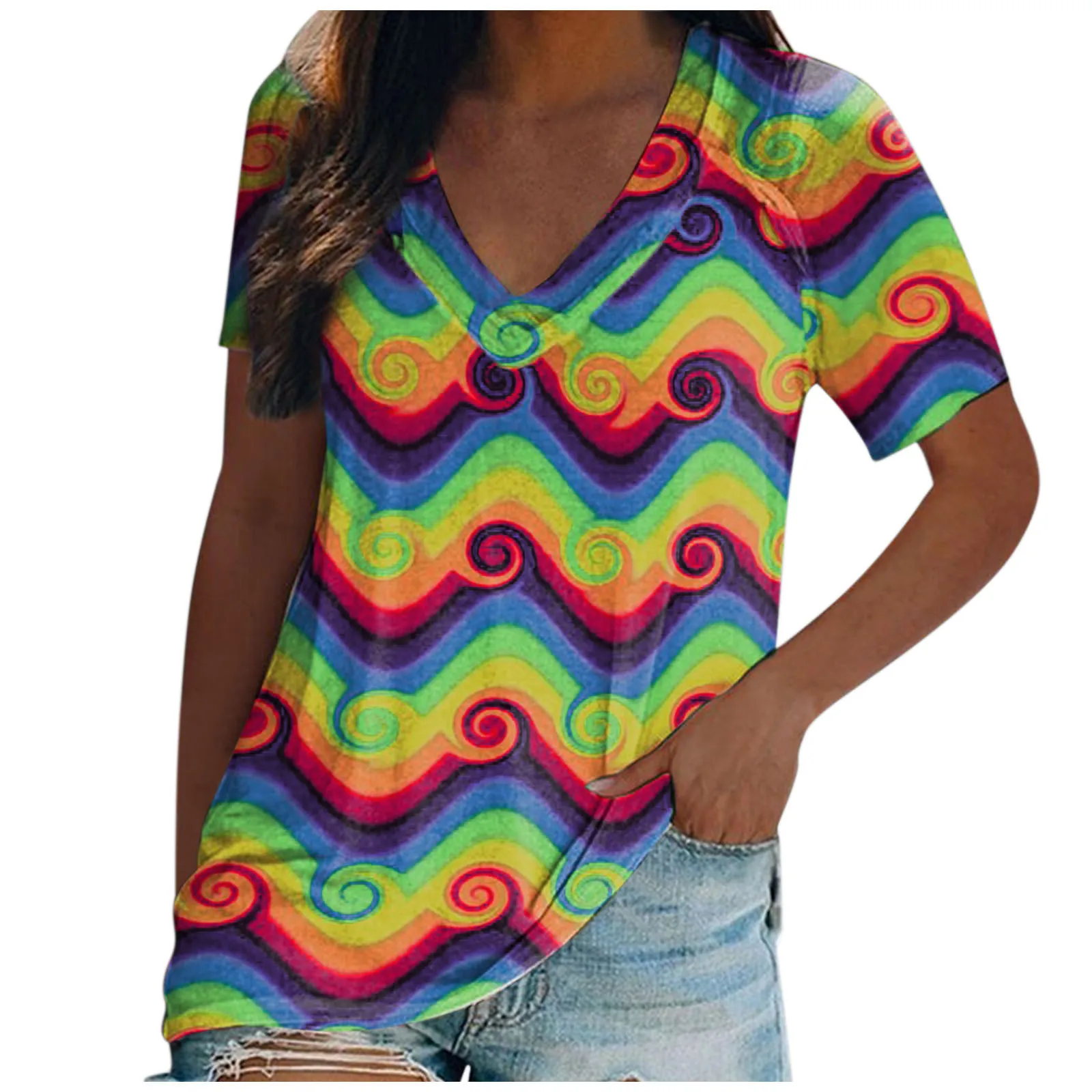 Женская свободная футболка с V образным вырезом и коротким рукавом|Футболки| |