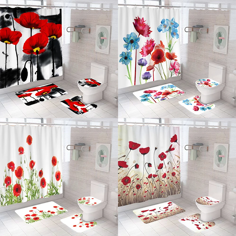 

Непромокаемая занавеска для душа с изображением пиона, лотоса, набор ковриков для ванной дюйма, Противоскользящие коврики для душа, коврики...