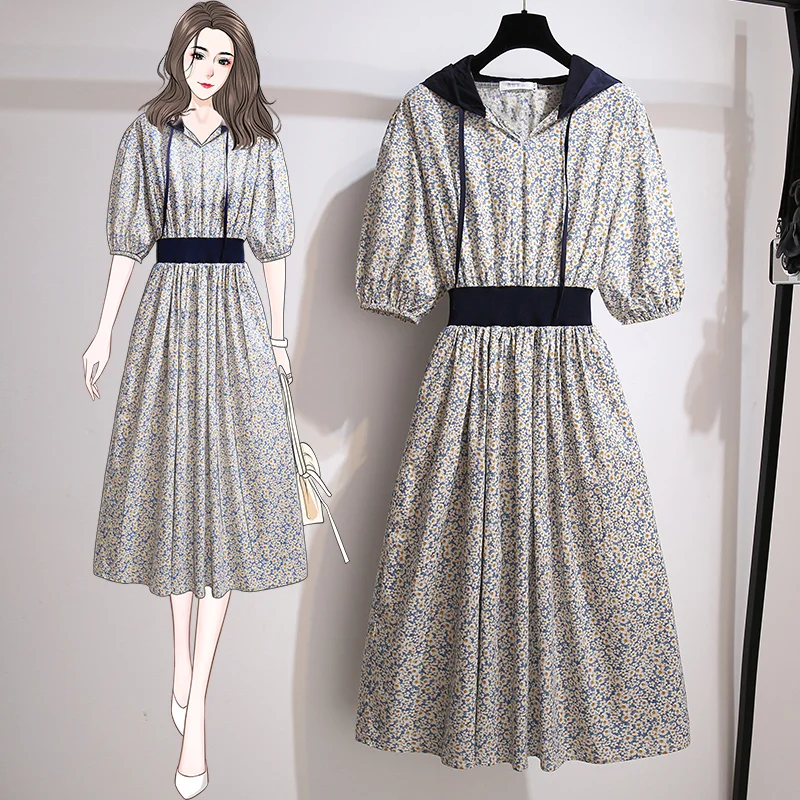 

4XL Plus Size Women Blue Floral Dress Summer 2021 Fashion Hooded Short Sleeve Elastic High Waist Loose Casual Chiffon Dresses