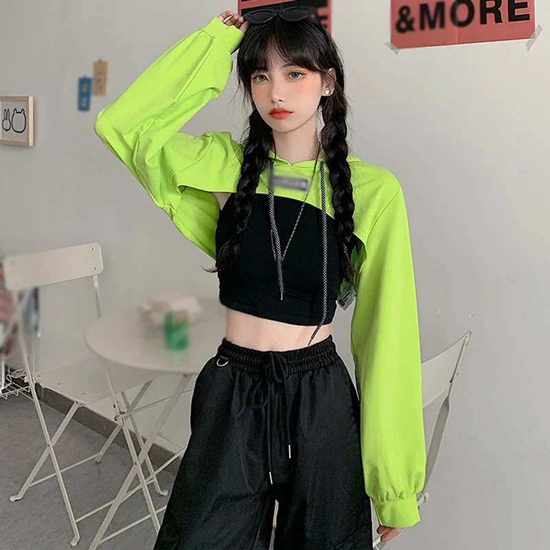 

Hip-hop Style Hoodies Ultra Short Hooded Sweatshirt Women High Waist Cropped Long-sleeved Top Fluorescent Green