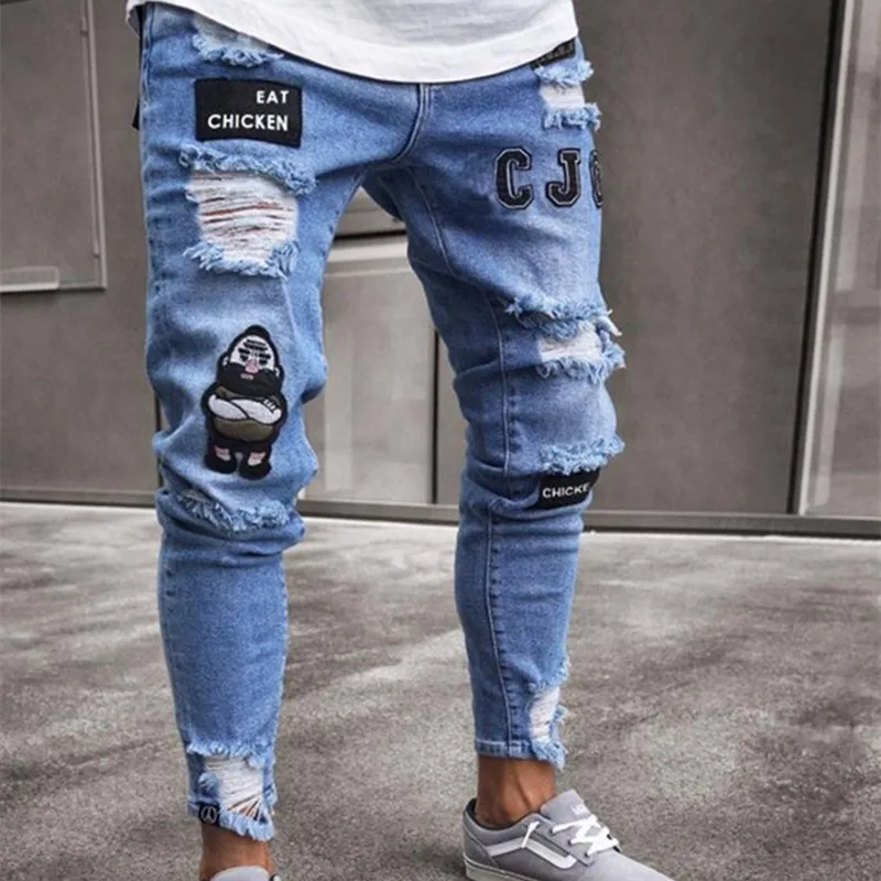 Men Hip-Hop High-end Elassed-slim, Tread-hole, Skin-legged Pants, New Men's Fashion Badge, Skin-slim Jeans