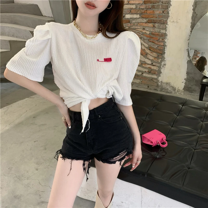 

Summer Women Short Sleeve Casual Tops Fashion Side Split T Shirts Female Korean Solid Tees 2021 New High Street Clothes