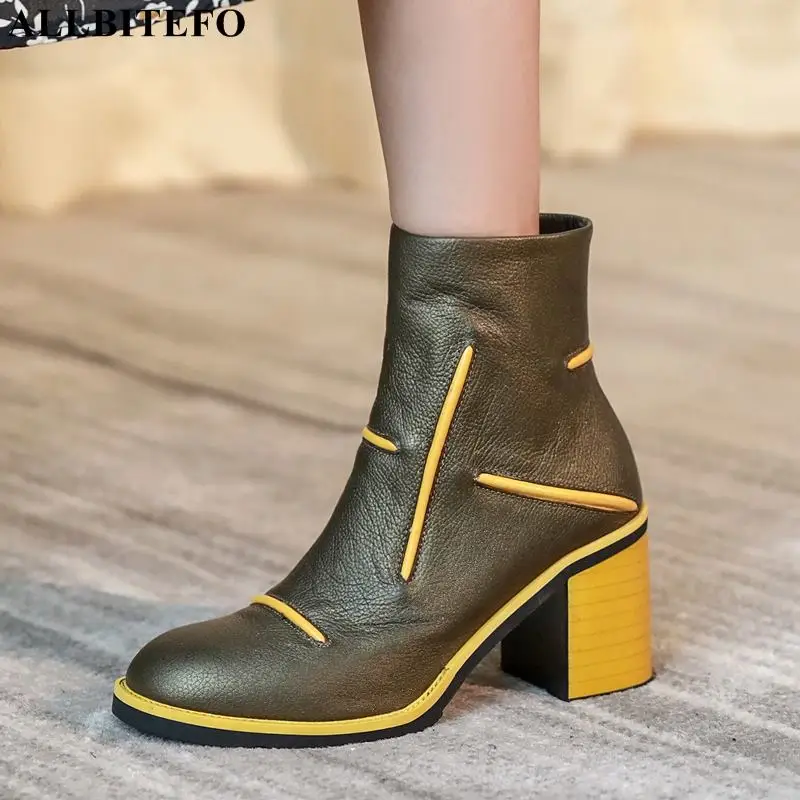 

ALLBITEFO mixed colors design soft genuine leather women boots thick heel winter shoes fashion ankle boots high heel boots
