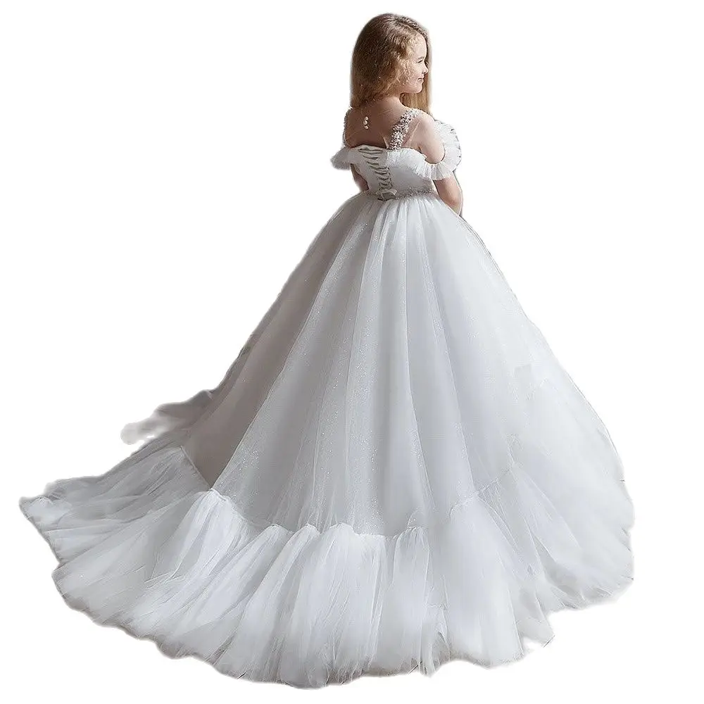 

Puffy Tulle Ball Gowns Ivory Flower Girls Dresses Princess Birthday Party Gown Girls Pageant Prom First Communion Dress