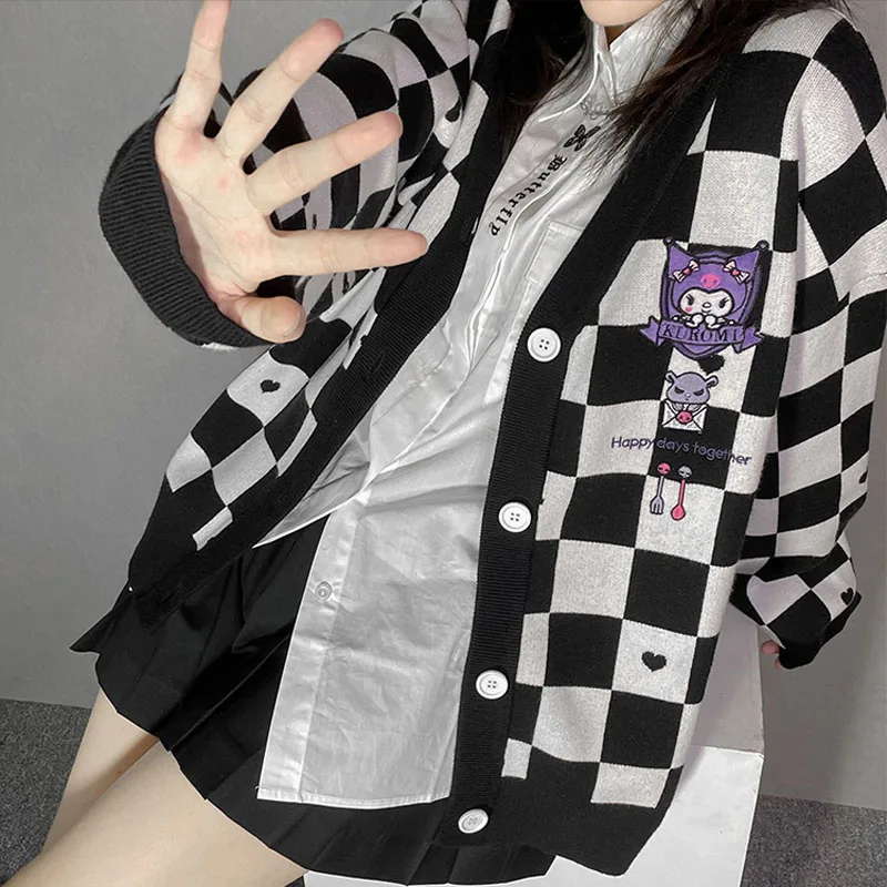 Kawaii Sanrio My Melody Cinnamoroll Kuromi Sweater Cardigan Women Jk Uniform Checkerboard Knitted Sweater Anime Loose Sweater