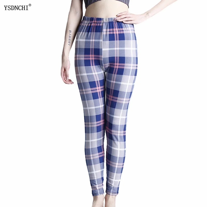 

YSDNCHI Leggings Blue Gray Plaid Printing Women Leggins High Waist Workout For Women Comfortable Casual Pants Running Trousers
