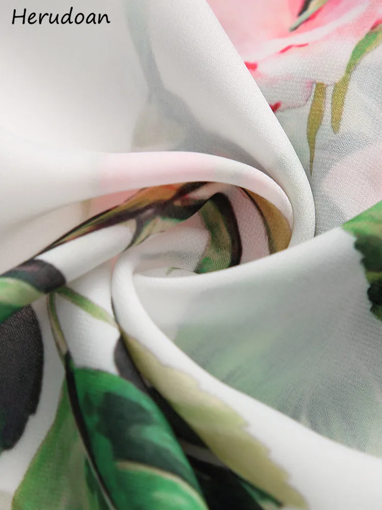 

Herudoan Fashion Runway Summer Maxi Dress Women Sexy Off Shoulde Slash neck Rose Flower Print Chiffon Vintage Party Long Dress