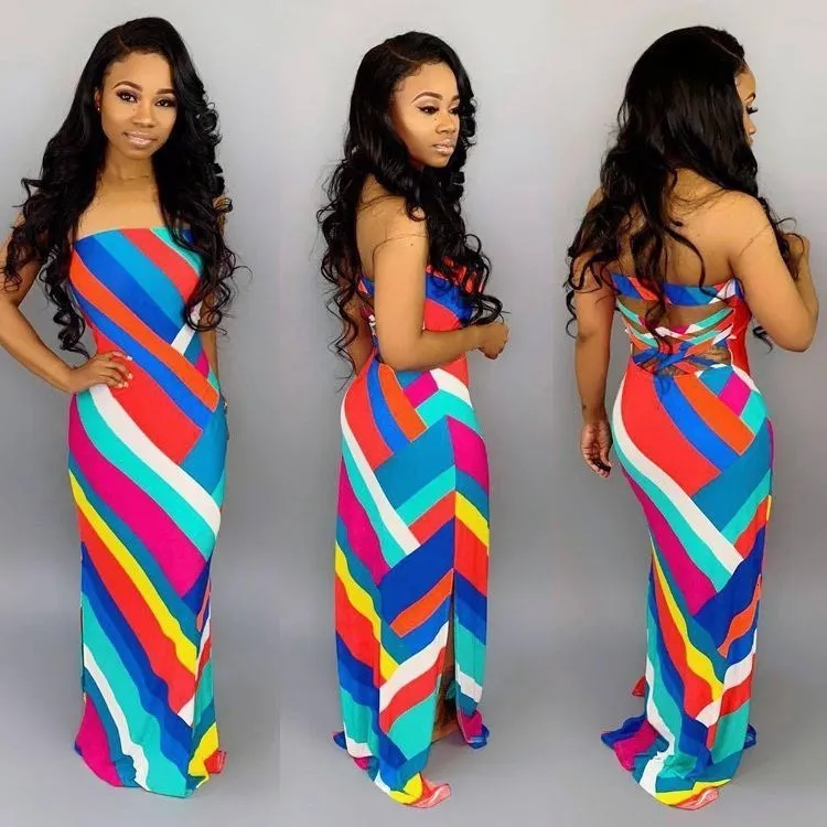 Fashion 2019 New Women Colorful Striped Strapless Bodycon Sheath Maxi Dress Sleeveless Beach Party Club Long Dresses | Женская одежда