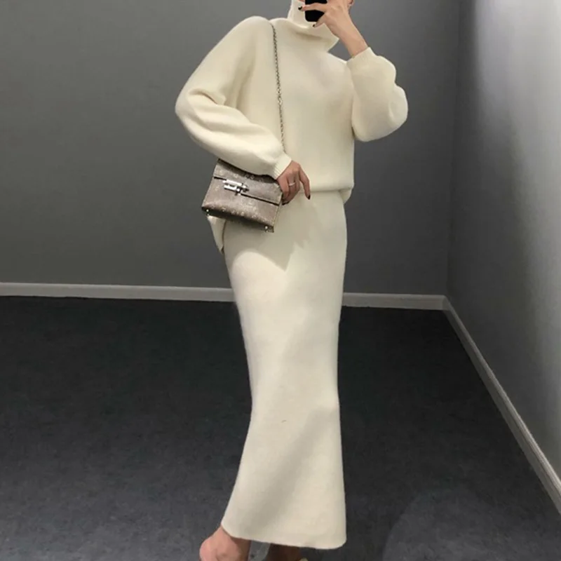 Fashion women's dress 2020 autumn and winter new fashion knitted suit slim sweater + skirt two-piece suit