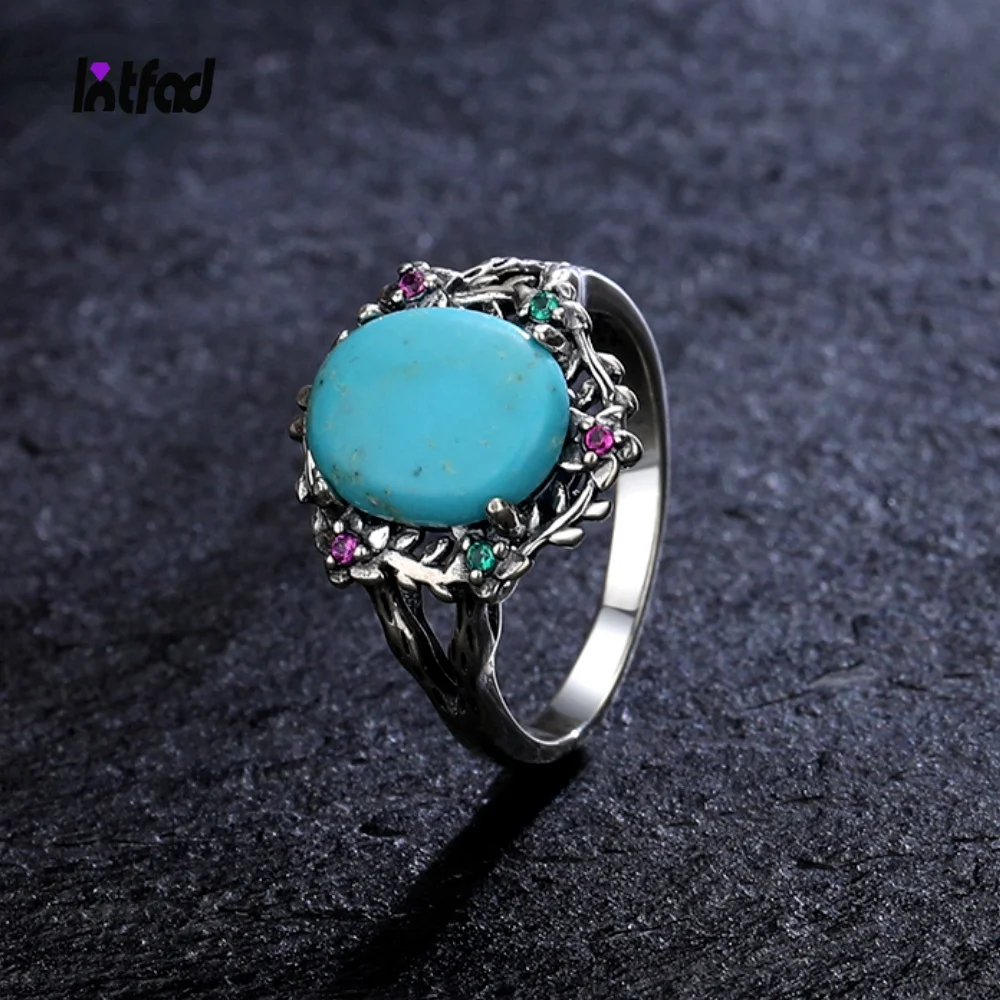 

Oval 9*11MM Natural Turquoise Ring 925 Sterling Silver Rings Zircon Ring for Women Gift Vintage Leaves Flowers Shaped Jewelry